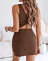 French Style Square Neck Backless Zipper Back Overalls Twist Back Ruched Slim Fit Slit Faux Two-Piece Skort Romper brown