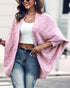 Colorful Waffle Knit Open Front Coat Batwing Long Sleeve Cardigan pink