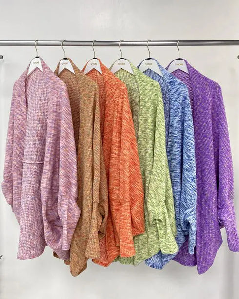 Colorful Waffle Knit Open Front Coat Batwing Long Sleeve Cardigan pink