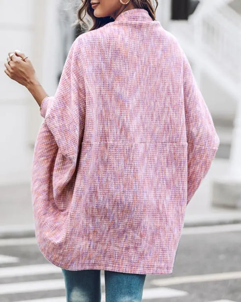 Colorful Waffle Knit Open Front Coat Batwing Long Sleeve Cardigan pink