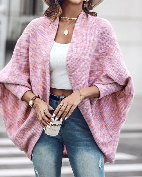 Colorful Waffle Knit Open Front Coat Batwing Long Sleeve Cardigan pink