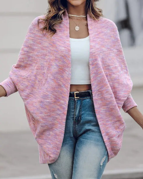 Colorful Waffle Knit Open Front Coat Batwing Long Sleeve Cardigan pink