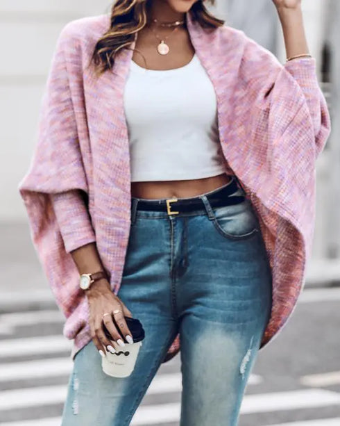 Colorful Waffle Knit Open Front Coat Batwing Long Sleeve Cardigan pink