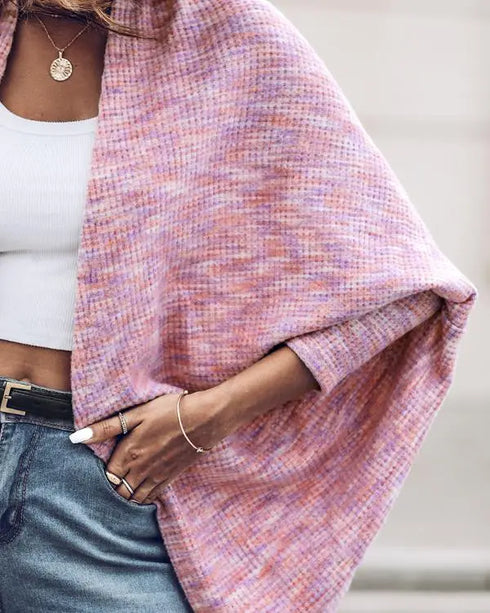 Colorful Waffle Knit Open Front Coat Batwing Long Sleeve Cardigan pink