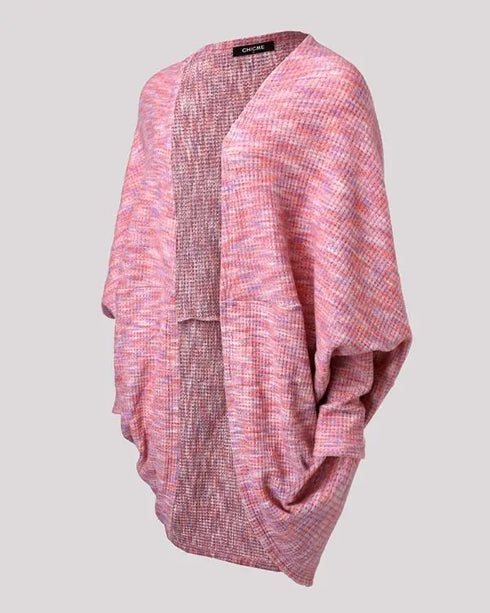 Colorful Waffle Knit Open Front Coat Batwing Long Sleeve Cardigan pink