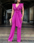 V Neck Scallop Trim Sleeve Lace Patchwork Bow Tie Waist Jumpsuit Casual Seam Front Zipper Back Wide Leg Jumpsuit hot pink