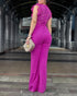 V Neck Scallop Trim Sleeve Lace Patchwork Bow Tie Waist Jumpsuit Casual Seam Front Zipper Back Wide Leg Jumpsuit hot pink