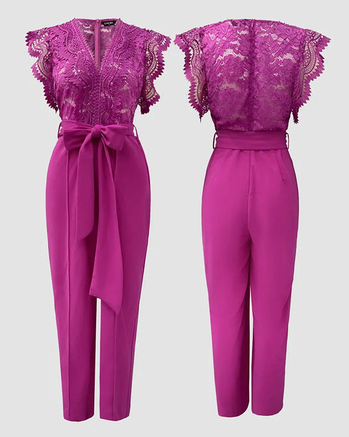 V Neck Scallop Trim Sleeve Lace Patchwork Bow Tie Waist Jumpsuit Casual Seam Front Zipper Back Wide Leg Jumpsuit hot pink