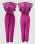 V Neck Scallop Trim Sleeve Lace Patchwork Bow Tie Waist Jumpsuit Casual Seam Front Zipper Back Wide Leg Jumpsuit hot pink