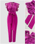 V Neck Scallop Trim Sleeve Lace Patchwork Bow Tie Waist Jumpsuit Casual Seam Front Zipper Back Wide Leg Jumpsuit hot pink