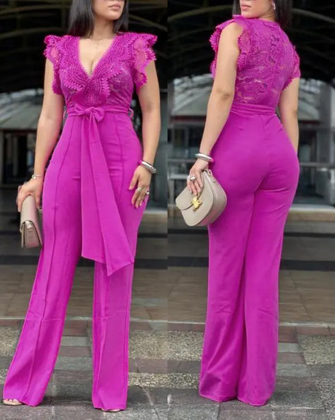 V Neck Scallop Trim Sleeve Lace Patchwork Bow Tie Waist Jumpsuit Casual Seam Front Zipper Back Wide Leg Jumpsuit hot pink