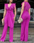 V Neck Scallop Trim Sleeve Lace Patchwork Bow Tie Waist Jumpsuit Casual Seam Front Zipper Back Wide Leg Jumpsuit hot pink