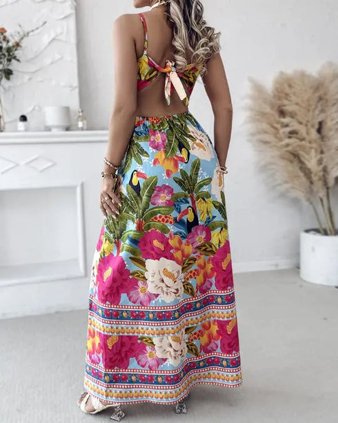 Floarl Print V Neck Lace Up Hollow Out Vaction Dress Casual A Line Tied Detail Backless Maxi Dress green