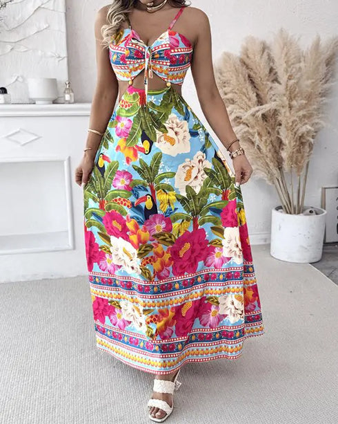 Floarl Print V Neck Lace Up Hollow Out Vaction Dress Casual A Line Tied Detail Backless Maxi Dress green