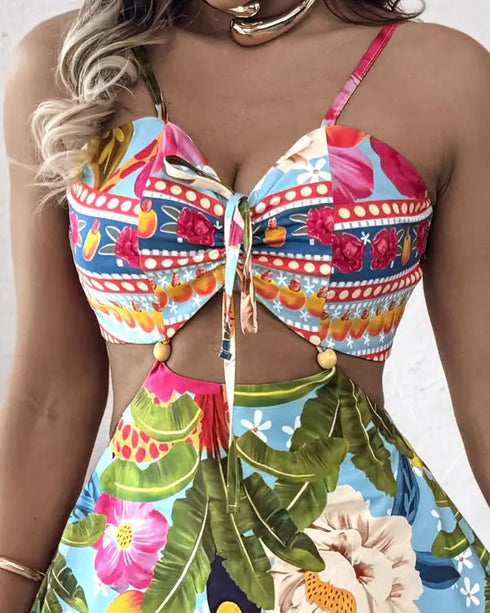 Floarl Print V Neck Lace Up Hollow Out Vaction Dress Casual A Line Tied Detail Backless Maxi Dress green