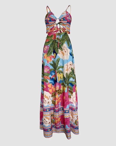 Floarl Print V Neck Lace Up Hollow Out Vaction Dress Casual A Line Tied Detail Backless Maxi Dress green