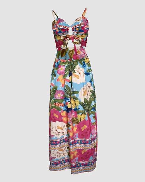 Floarl Print V Neck Lace Up Hollow Out Vaction Dress Casual A Line Tied Detail Backless Maxi Dress green