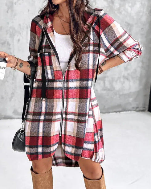 Plaid Pattern Shacket Jacket Zip Up Oversized Longline Shirt Casual Hooded Coats with Pockets red