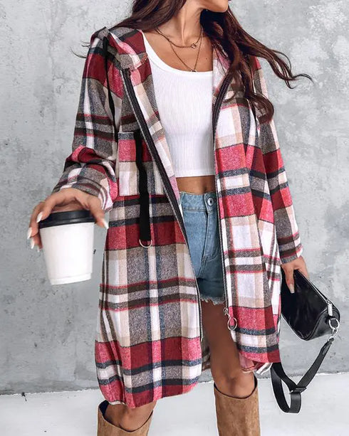 Plaid Pattern Shacket Jacket Zip Up Oversized Longline Shirt Casual Hooded Coats with Pockets red