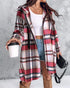 Plaid Pattern Shacket Jacket Zip Up Oversized Longline Shirt Casual Hooded Coats with Pockets red