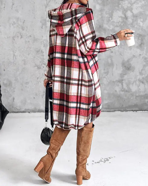 Plaid Pattern Shacket Jacket Zip Up Oversized Longline Shirt Casual Hooded Coats with Pockets red