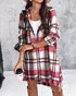 Plaid Pattern Shacket Jacket Zip Up Oversized Longline Shirt Casual Hooded Coats with Pockets red