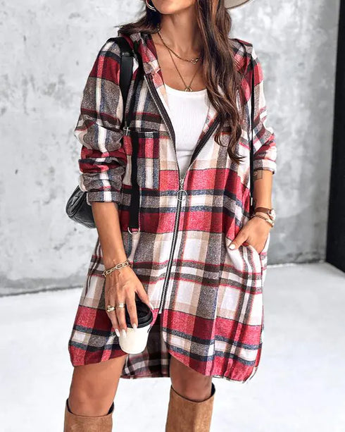 Plaid Pattern Shacket Jacket Zip Up Oversized Longline Shirt Casual Hooded Coats with Pockets red