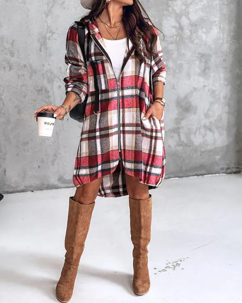 Plaid Pattern Shacket Jacket Zip Up Oversized Longline Shirt Casual Hooded Coats with Pockets red