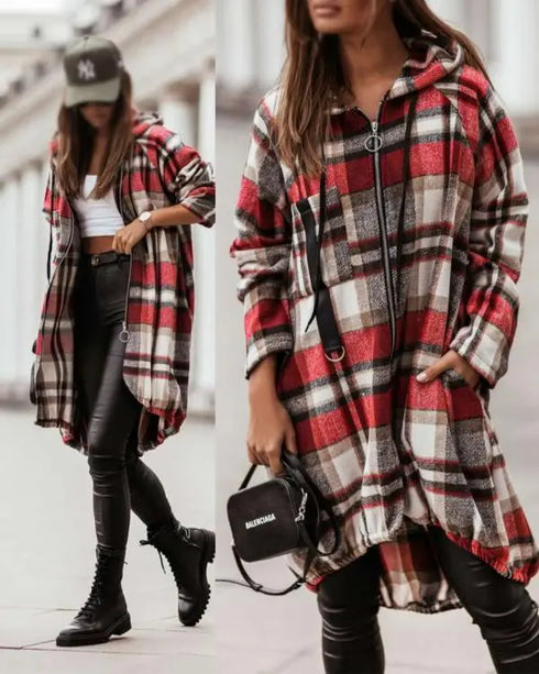 Plaid Pattern Shacket Jacket Zip Up Oversized Longline Shirt Casual Hooded Coats with Pockets red