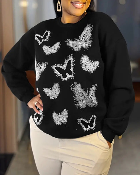Butterfly Rhinestone Long Sleeve Round Neck Sweatshirt Casual Loose Fit Top black