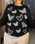 Butterfly Rhinestone Long Sleeve Round Neck Sweatshirt Casual Loose Fit Top black