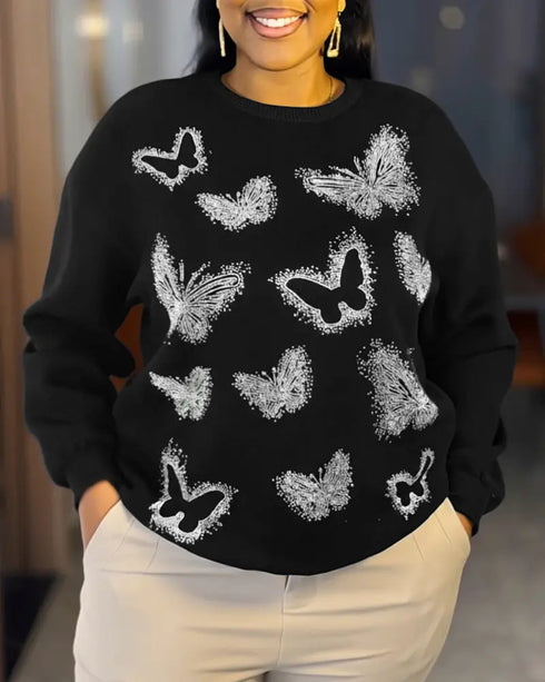 Butterfly Rhinestone Long Sleeve Round Neck Sweatshirt Casual Loose Fit Top black