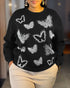 Butterfly Rhinestone Long Sleeve Round Neck Sweatshirt Casual Loose Fit Top black