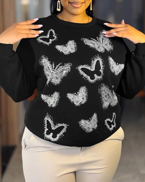 Butterfly Rhinestone Long Sleeve Round Neck Sweatshirt Casual Loose Fit Top black