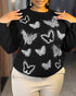 Butterfly Rhinestone Long Sleeve Round Neck Sweatshirt Casual Loose Fit Top black