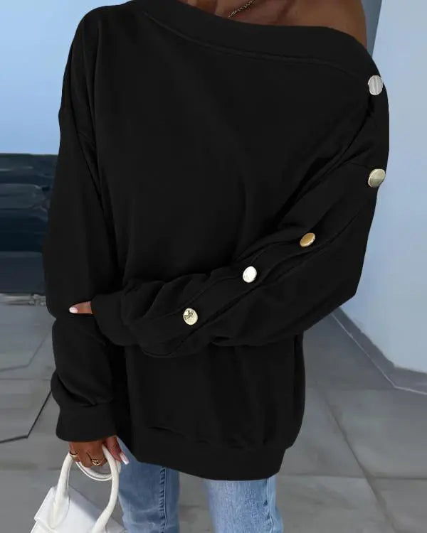 Skew Neck Buttoned Sweatshirt Casual Long Sleeve Pullover Tops Outfits black