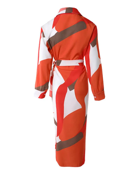 All Over Print Turn-down Collar Tied Detail Dress Casual Ruched Wrap Front Vacation Dress Multicolor