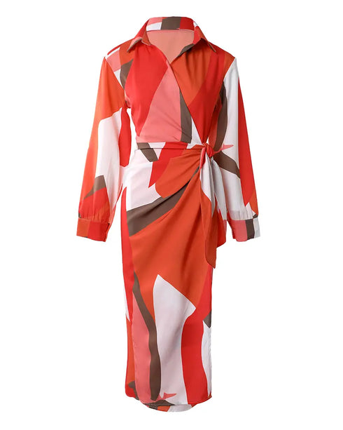 All Over Print Turn-down Collar Tied Detail Dress Casual Ruched Wrap Front Vacation Dress Multicolor