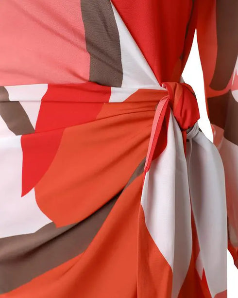 All Over Print Turn-down Collar Tied Detail Dress Casual Ruched Wrap Front Vacation Dress Multicolor