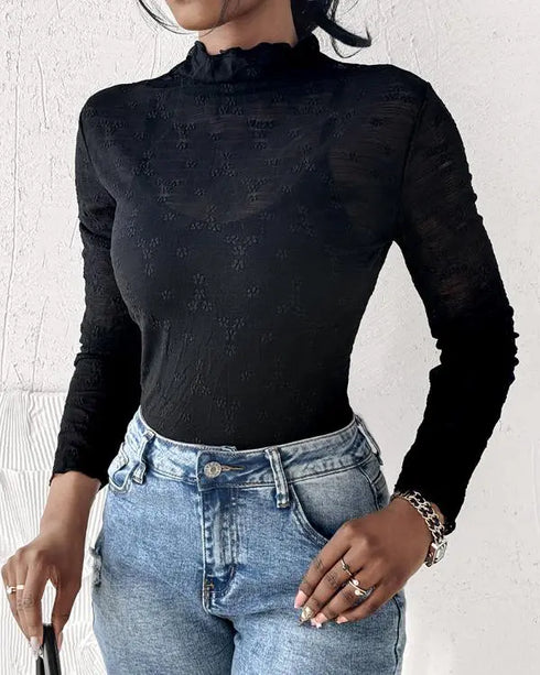 Lace Frill Hem Mock Neck Long Sleeve T-Shirt Sexy Floral Sheer Mesh Hollow Out Top black
