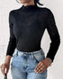 Lace Frill Hem Mock Neck Long Sleeve T-Shirt Sexy Floral Sheer Mesh Hollow Out Top black