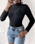 Lace Frill Hem Mock Neck Long Sleeve T-Shirt Sexy Floral Sheer Mesh Hollow Out Top black