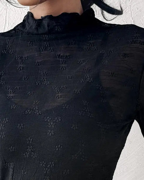 Lace Frill Hem Mock Neck Long Sleeve T-Shirt Sexy Floral Sheer Mesh Hollow Out Top black