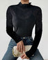 Lace Frill Hem Mock Neck Long Sleeve T-Shirt Sexy Floral Sheer Mesh Hollow Out Top black