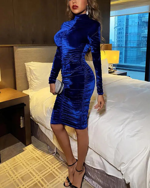 Velvet Mock Neck Ruched Bodycon Dress dark blue