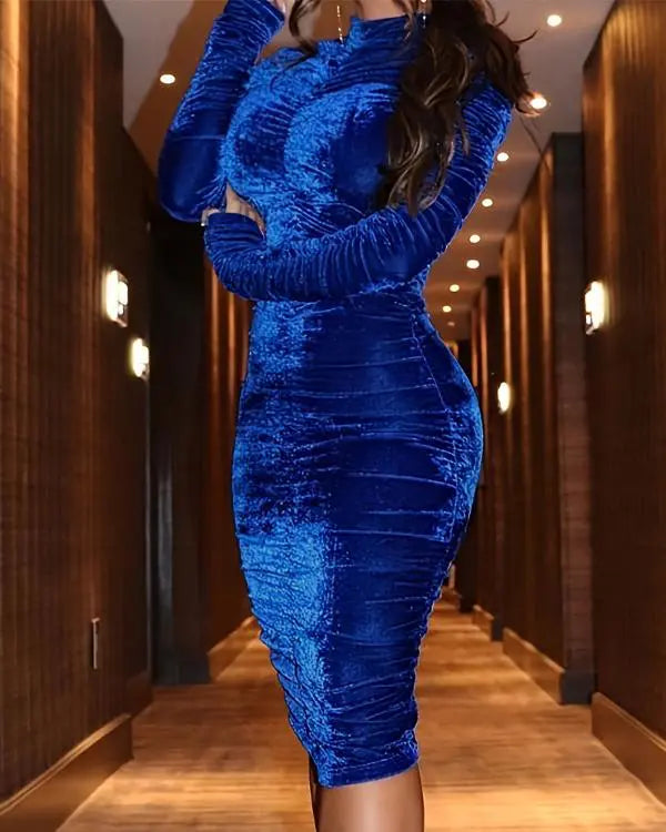 Velvet Mock Neck Ruched Bodycon Dress dark blue