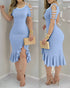 Off Shoulder Sleeveless Casual Cinch Ruffles Slit Buckle Dec Mid-Calf Dress Lighted Blue