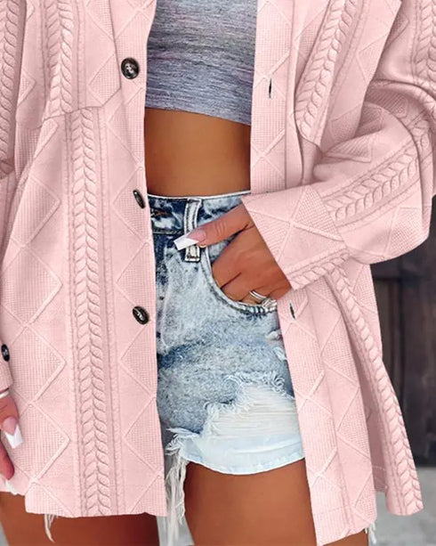 Turn-down Collar Button Front Drop Shoulder Jacket Casual Pockets Design Argyle & Cable Textured Shirt Coat pink