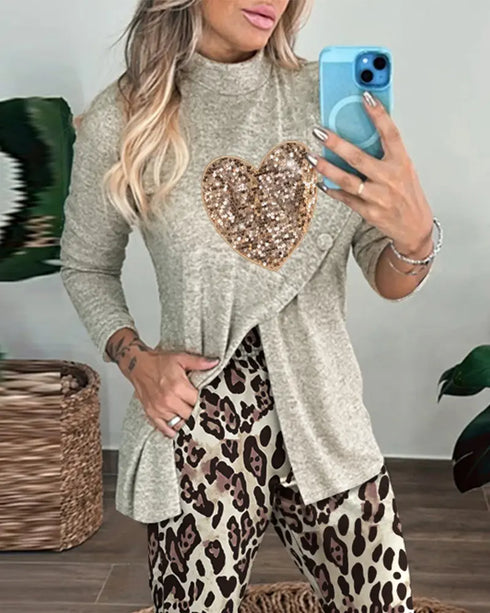 2 Piece Sequin Heart Pattern Mock Neck Long Sleeve Slit Top Leopard Print High Waist Cuffed Pants Lounge Sets Apricot