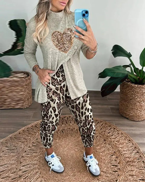 2 Piece Sequin Heart Pattern Mock Neck Long Sleeve Slit Top Leopard Print High Waist Cuffed Pants Lounge Sets Apricot